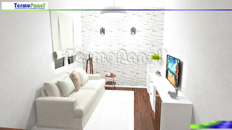 3D-визуализация интерьера проекта дома из СИП-панелей гостинная