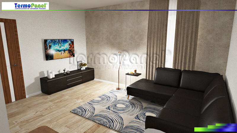 3D-визуализация интерьера проекта дома из СИП-панелей гостинная